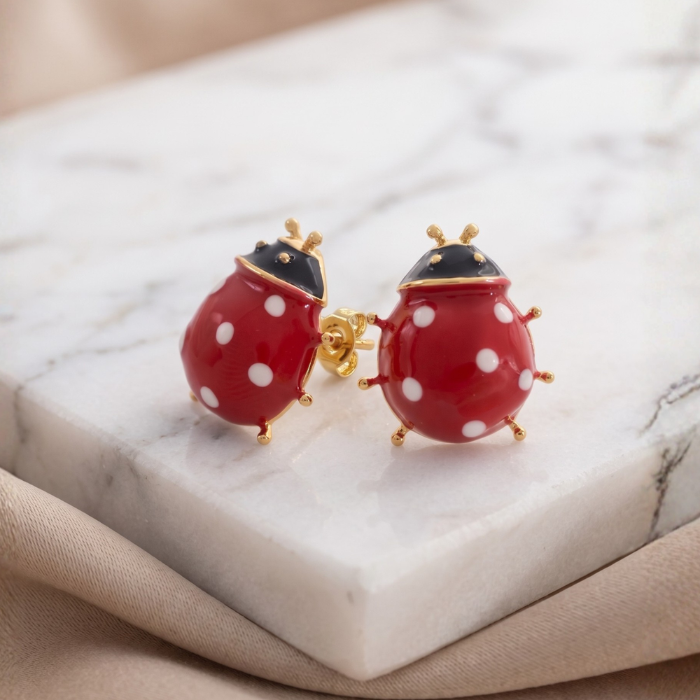 179 Aretes Topos de Mariquita Bañados en Oro con Esmalte Rojo y Lunares Blancos - Imagen 1