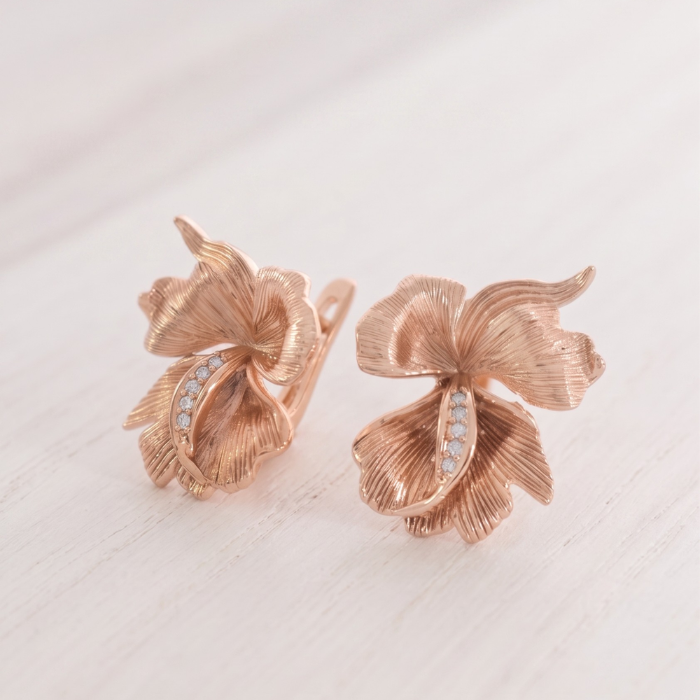183 Aretes de Asa Orquídea Bañados en Oro Rosa con Detalles de Circones - Imagen 1