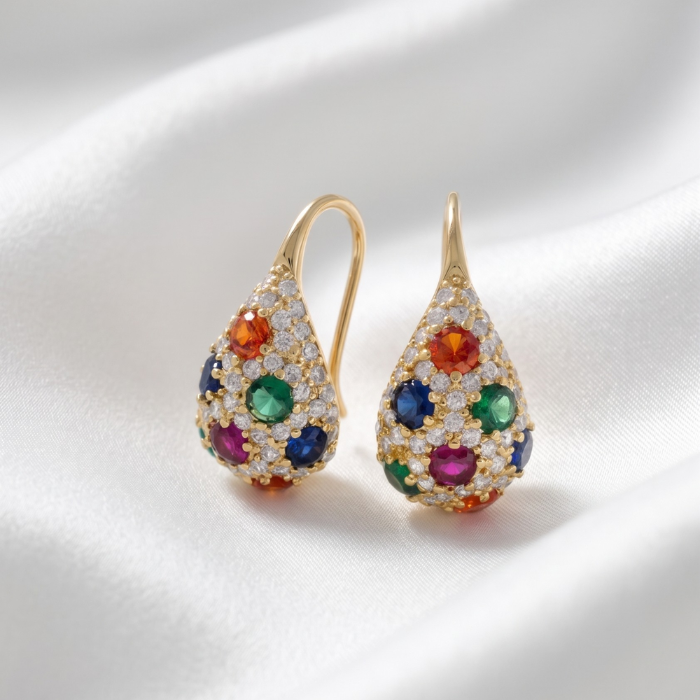 185 Aretes de Pescador en Forma de Gota Bañados en Oro con Pavé de Circones Multicolores - Imagen 1