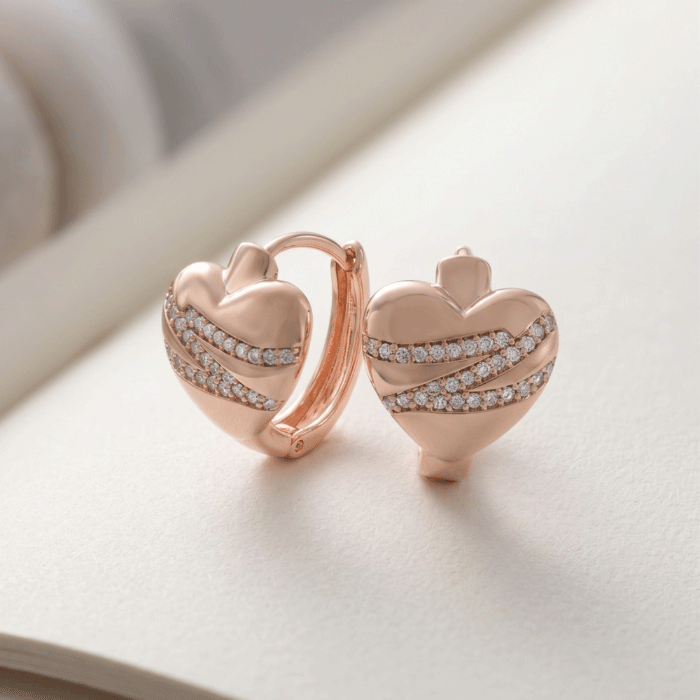 209 Argollas Huggies Bañadas en Oro Italiano de 24KT con Dije de Corazón y Líneas de Circones - Imagen 1