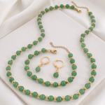 Juego de Collar, Pulsera y Aretes Bañados en Oro con Esferas de Piedra Jade Verde