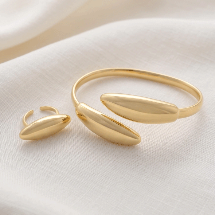 326 Combo Set de Pulsera Esclava Abierta y Anillo Bañados en Oro para Damas: Diseño de Silueta Orgánica en Gota Alargada Abombada - Imagen 1