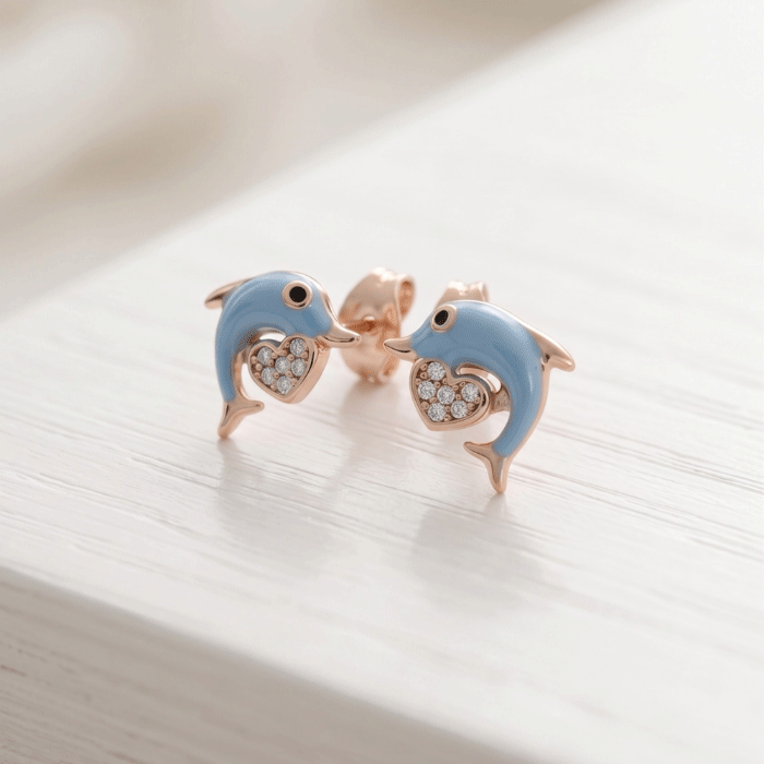 386 Aretes Topos para Niñas Bañados en Oro con Diseño de Delfín Esmaltados y Corazón de Circones - Imagen 1
