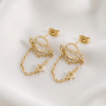 Aretes Topos para Damas Bañados en Oro con Diseño Geométrico de Aro, Barra de Circones y Cadenas Colgantes con Estrella