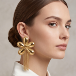 Aretes Largos Bañados en Oro con Flor Abombada de Borde Punteado y Malla de Cadenas - Imagen 2