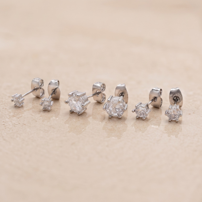 59 Set Combo de 3 Pares de Aretes Bañados en Plata con Circones Solitarios Graduadas - Imagen 1