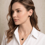 Juego de Cadena con Dije y Aretes para Dama Bañado en Oro con Corazón Esmaltado en Negro - Imagen 2