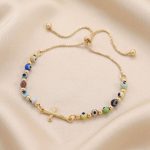 Pulsera Ajustable de Cadena Veneciana con Cruz y Ojos Turcos Multicolores en Oro
