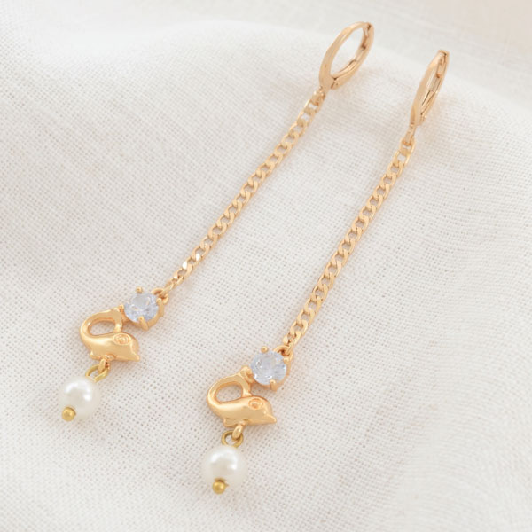 279 Aretes Largos Colgantes con Cadena, Delfín, Circón y Perla Bañados en Oro para Dama - Imagen 1