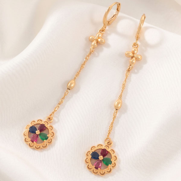 293 Aretes Largos Colgantes con Cadena Torzada, Flor y Medallón Calado Multicolor Bañados en Oro para Dama - Imagen 1