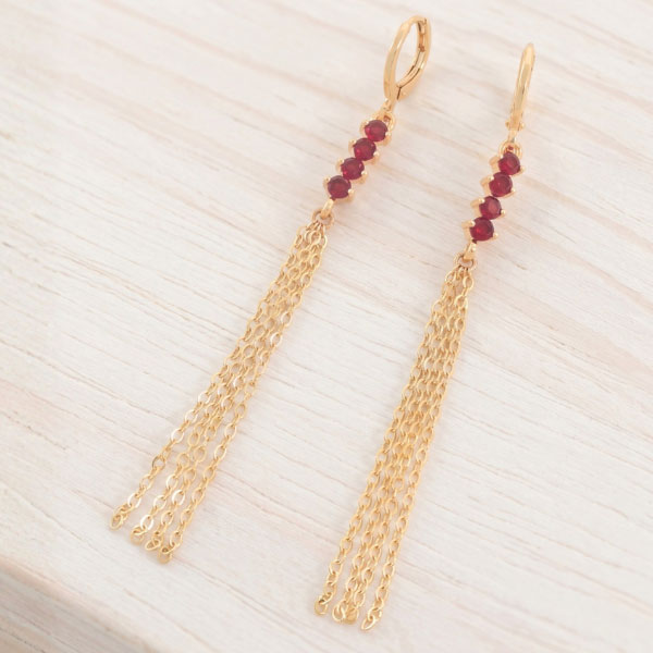 295 Aretes Largos Colgantes con Circones Rojos en Zigzag y Cascada de Cuatro Cadenas Bañados en Oro para Dama - Imagen 1