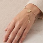 Pulsera Denario con Medalla Milagrosa, Cruz Colgante y Cuentas Bañada en Tres Oros para Dama - Imagen 2