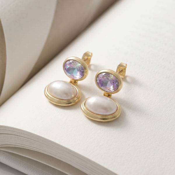 367 Aretes Colgantes con Cristal Iridiscente Lavanda y Perla Barroca Ovalada Bañados en Oro para Dama - Imagen 1