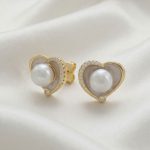 Aretes Broquel de Corazón con Perla Nacarada, Esmalte Micro circones Bañados en Oro para Dama