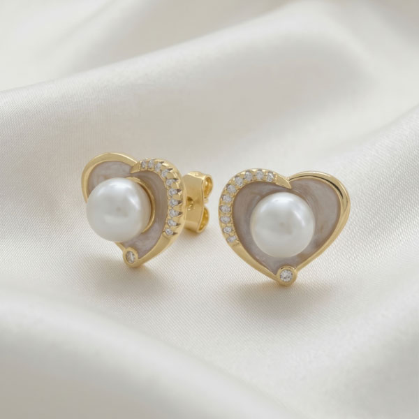 389 Aretes Broquel de Corazón con Perla Nacarada, Esmalte Micro circones Bañados en Oro para Dama - Imagen 1