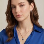 Juego de Cadena, Dije y Aretes Bañado en Oro con Cristal Oval Azul Zafiro y Circones - Imagen 2
